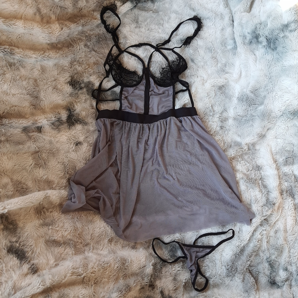 Black and purple caged lingerie set, size L